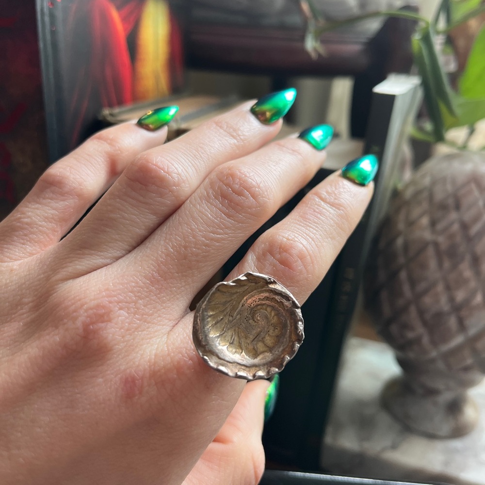 Handcrafted Silver Floral Detail Ring - Green Patina Accent